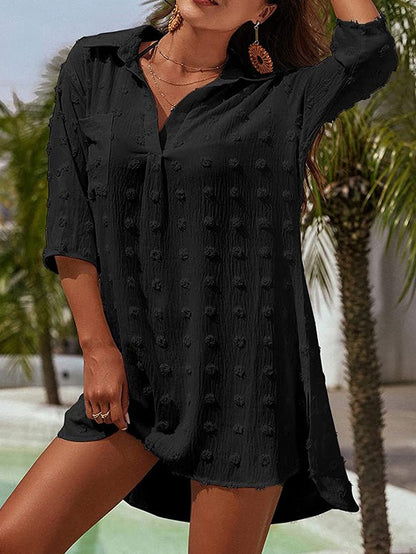 Dresses Solid Jacquard V-Neck Slit Long Sleeve Dress - LuckyFash™
