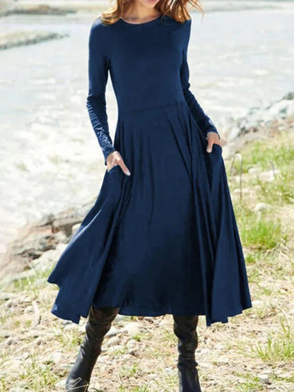 Dresses Solid Round Neck Pocket Long Sleeve Dress - LuckyFash™