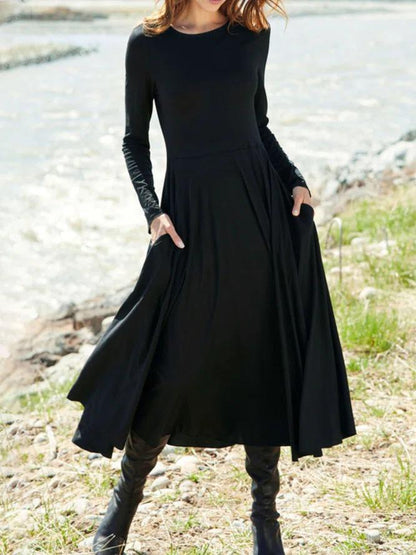 Dresses Solid Round Neck Pocket Long Sleeve Dress - LuckyFash™