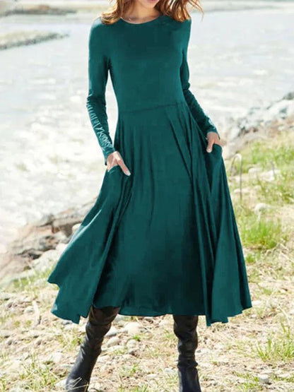 Dresses Solid Round Neck Pocket Long Sleeve Dress - LuckyFash™