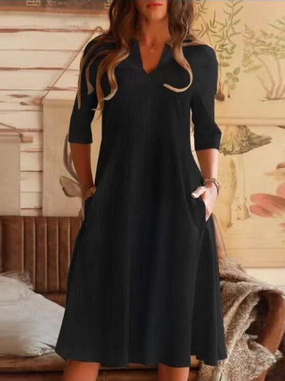Dresses Solid V-Neck Pocket Mid-Sleeve Dress - LuckyFash™
