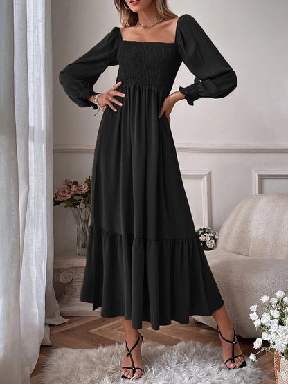 Dresses Square Neck High Waist Long Sleeve Ruffle Dress - LuckyFash™