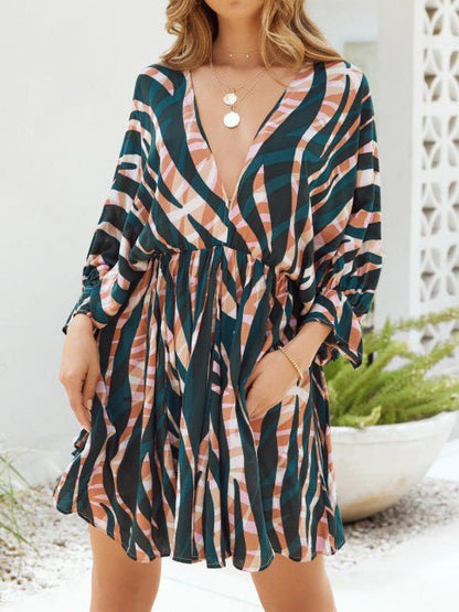 Dresses Stripe Print V-Neck Belted Long Sleeve Dress - LuckyFash™