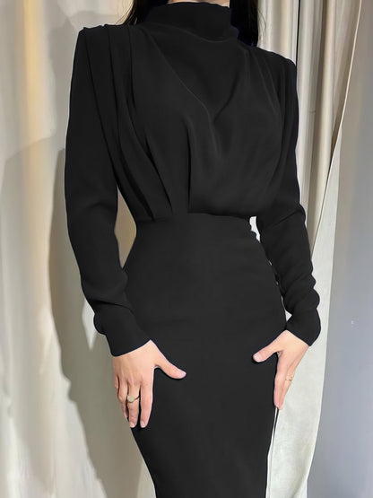 Dresses Temperament Solid High Collar Pleated Long Sleeve Dress - LuckyFash™