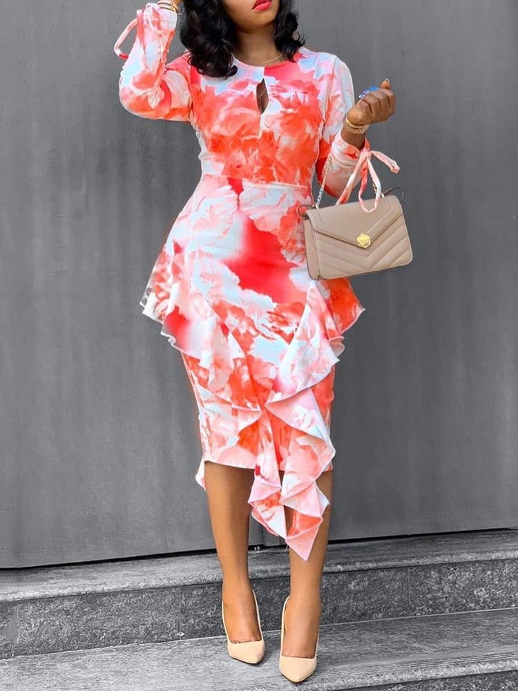 Dresses Tie-Dye Printed Long Sleeve Ruffle Fitted Dress - LuckyFash™