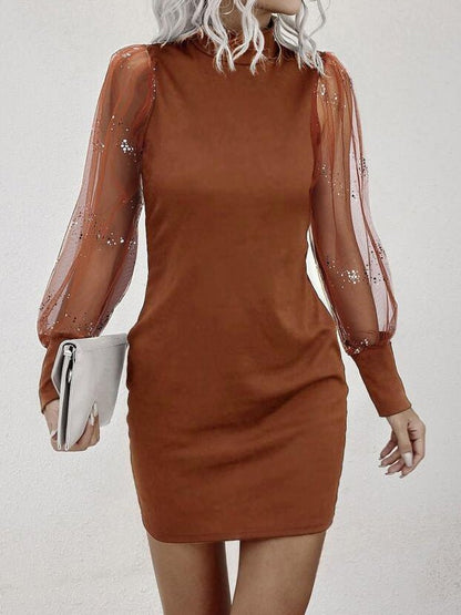 Dresses Turtleneck Mesh Long Sleeve Mini Dress - LuckyFash™