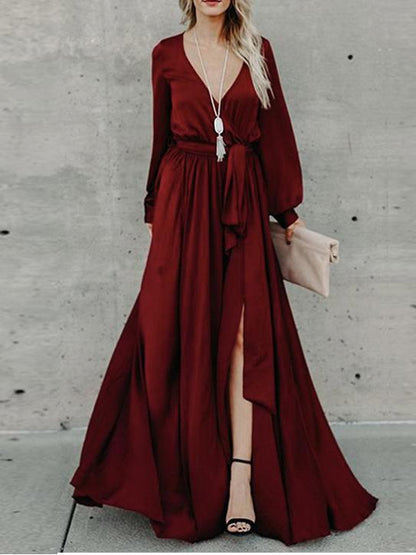 Dresses V-Neck Belted Lantern Sleeve Slit Dress - LuckyFash™
