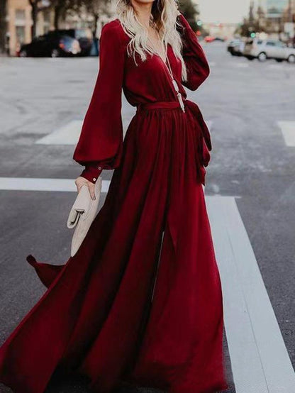 Dresses V-Neck Belted Lantern Sleeve Slit Dress - LuckyFash™
