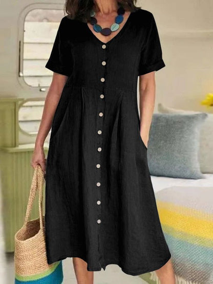Dresses V-Neck Button Short Sleeve Casual Dress - LuckyFash™