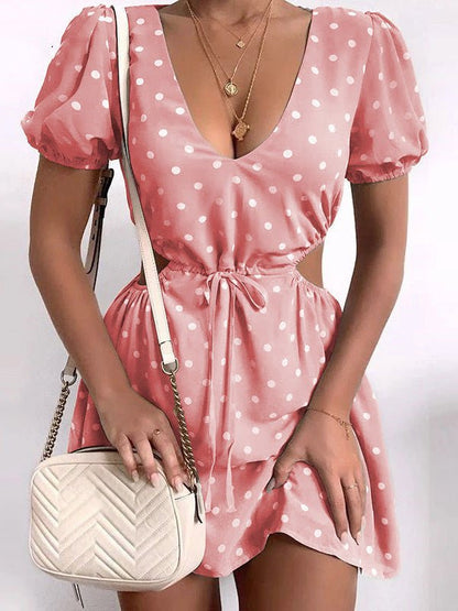 Dresses V-Neck Dot Print Hollow Elastic Waist Dress - LuckyFash™
