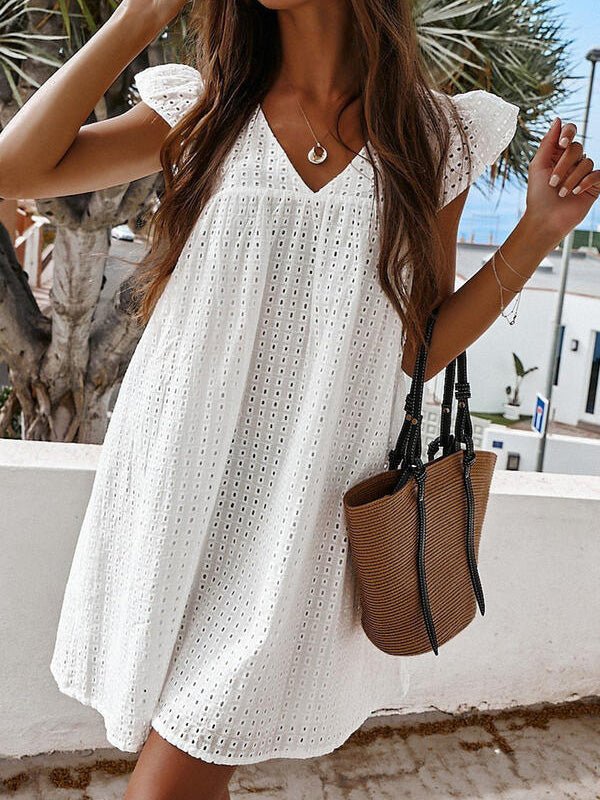 Dresses V-Neck Hollow Ruffle Sleeve Dress - LuckyFash™