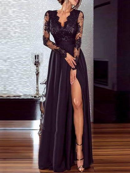 Dresses V-Neck Lace Long Sleeve Split Evening Dress - LuckyFash™