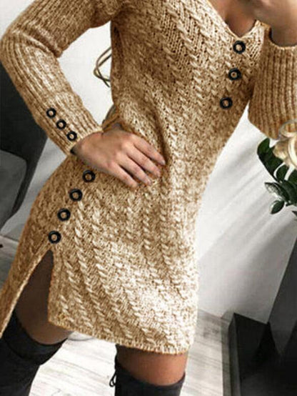 Dresses V-Neck Long Sleeve Buttoned Knit Dress - LuckyFash™
