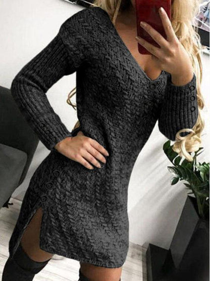 Dresses V-Neck Long Sleeve Buttoned Knit Dress - LuckyFash™