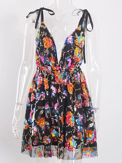 Dresses V-Neck Open Back Sequins Lace-Up Mini Dress - LuckyFash™