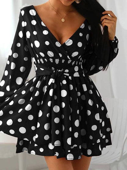 Dresses V-Neck Polka Dot Long Sleeve Mini Dress - LuckyFash™