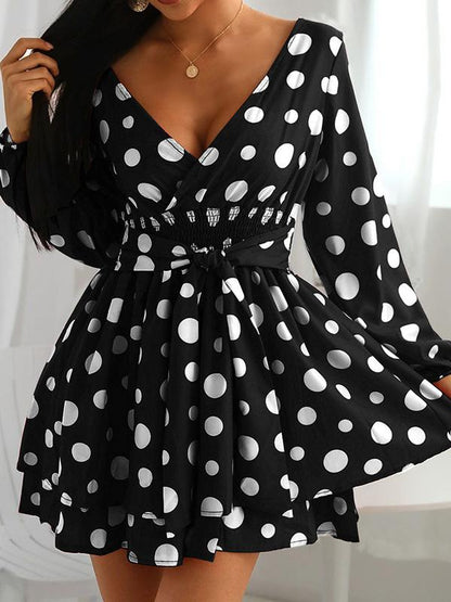Dresses V-Neck Polka Dot Long Sleeve Mini Dress - LuckyFash™