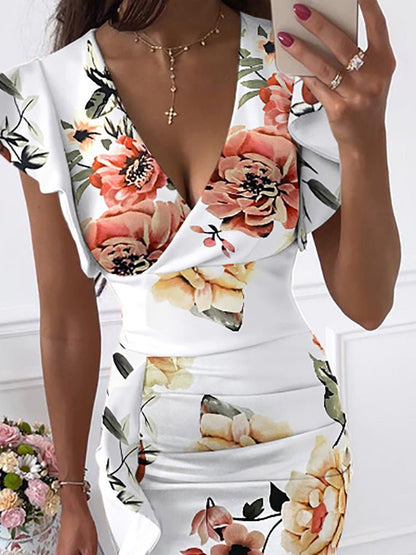 Dresses V-Neck Ruffle Slim Fit Print Dress - LuckyFash™