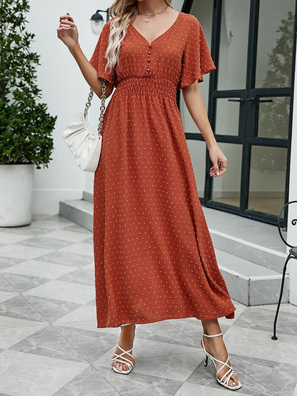 Dresses V-Neck Ruffled Sleeve Polka Dots Midi Dress - LuckyFash™