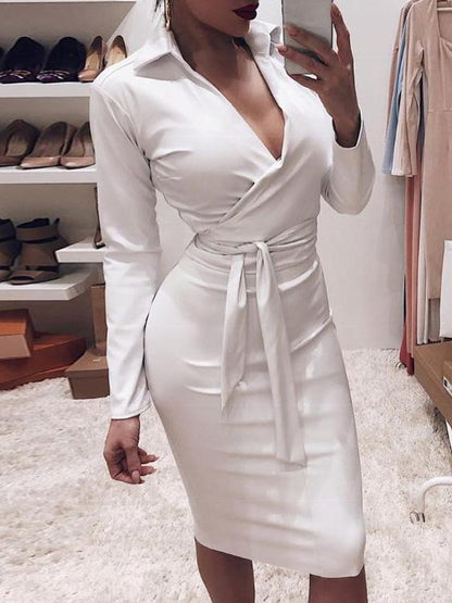 Dresses V-Neck Slim Belted Long Sleeve Pu Leather Dress - LuckyFash™