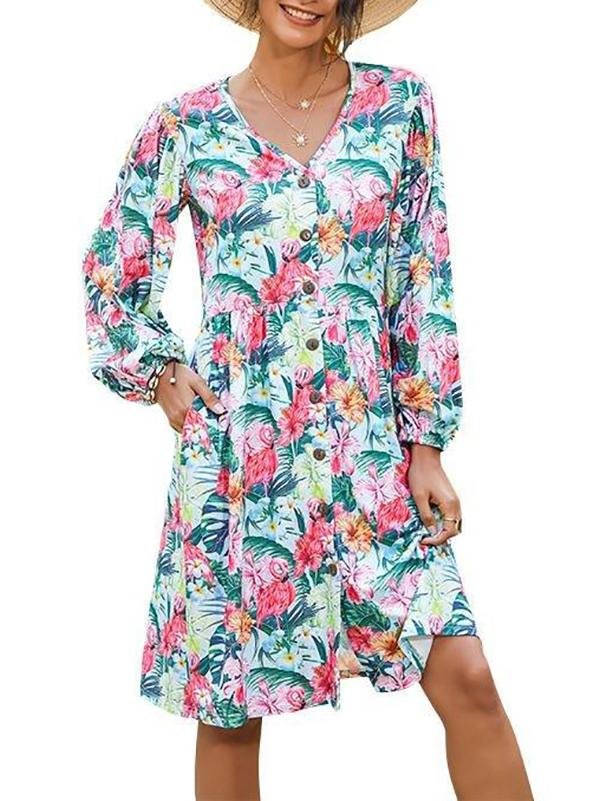 Women's Floral Pattern Long Sleeve Midi Dress - LuckyFash™