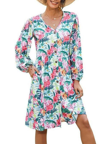 Women's Floral Pattern Long Sleeve Midi Dress - LuckyFash™