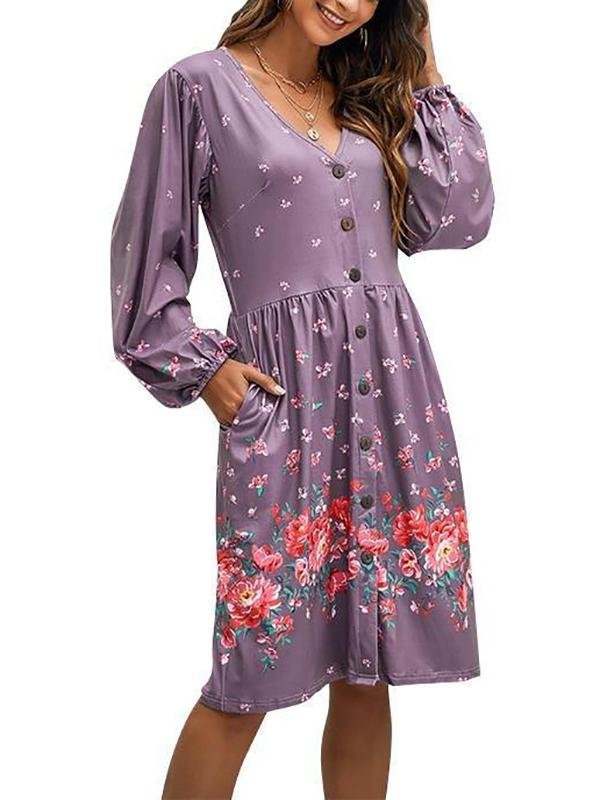 Women's Floral Pattern Long Sleeve Midi Dress - LuckyFash™