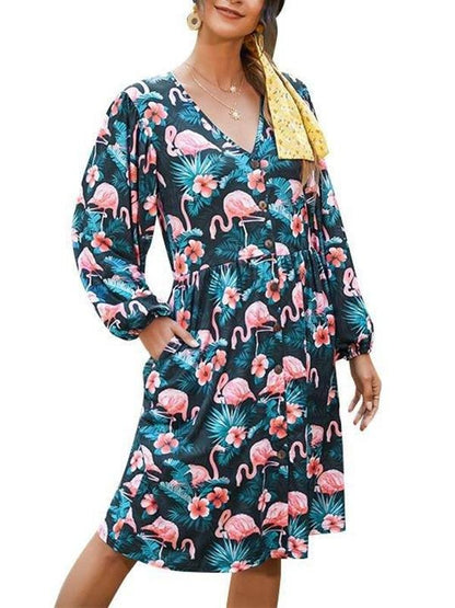 Women's Floral Pattern Long Sleeve Midi Dress - LuckyFash™