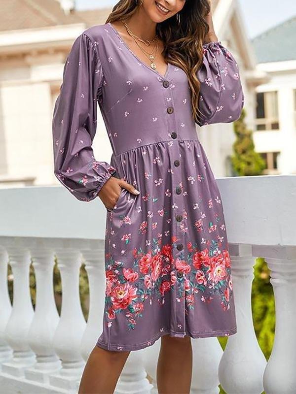 Women's Floral Pattern Long Sleeve Midi Dress - LuckyFash™