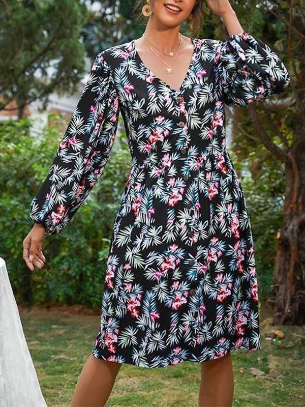 Women's Floral Pattern Long Sleeve Midi Dress - LuckyFash™