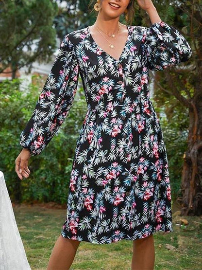 Women's Floral Pattern Long Sleeve Midi Dress - LuckyFash™