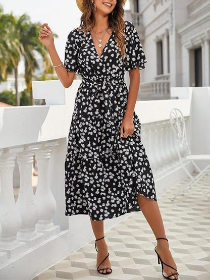 Women's Floral Pattern V Neck High Waist Midi Dress - LuckyFash™