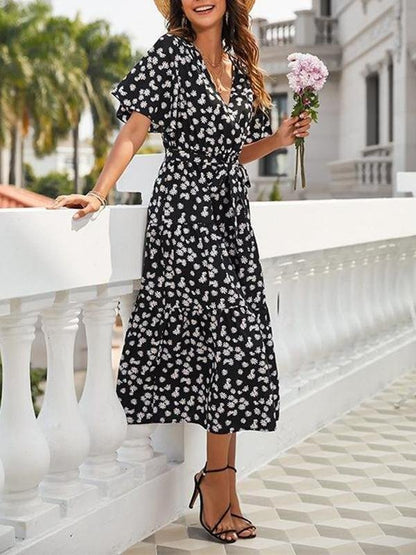 Women's Floral Pattern V Neck High Waist Midi Dress - LuckyFash™