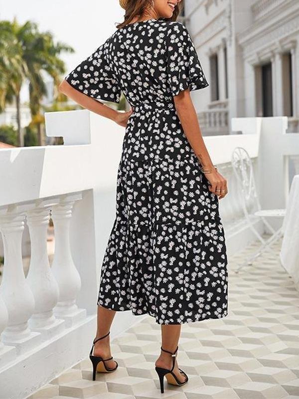 Women's Floral Pattern V Neck High Waist Midi Dress - LuckyFash™