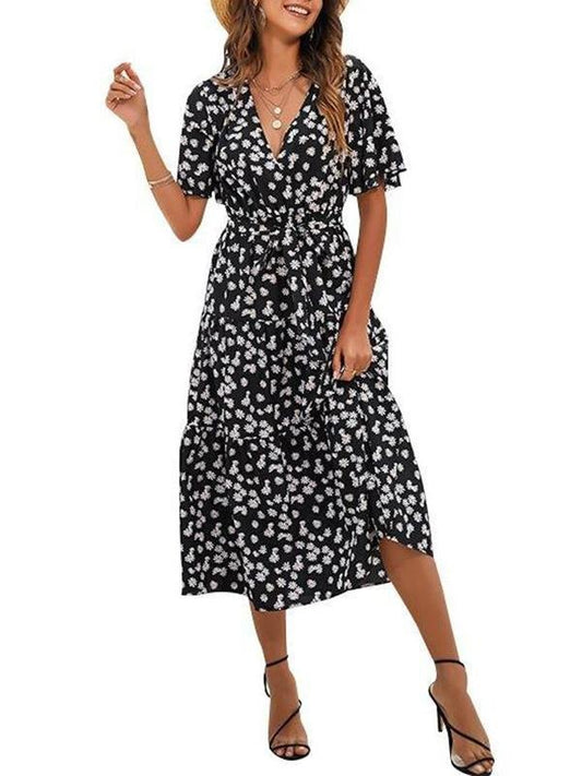 Women's Floral Pattern V Neck High Waist Midi Dress - LuckyFash™