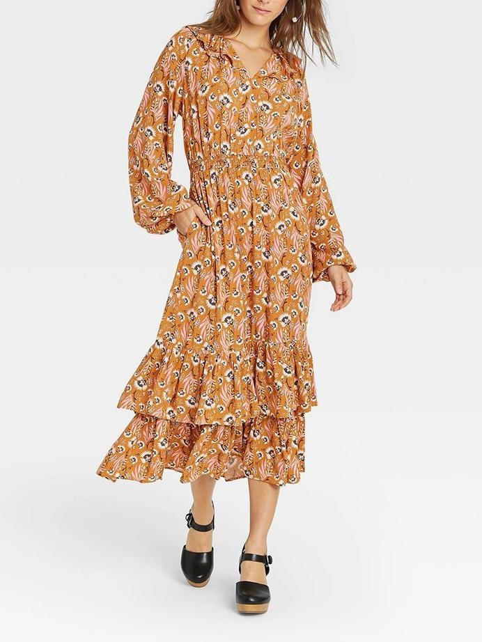 Women's Floral Print Balloon Ruffle Collar Hem Dress - LuckyFash™