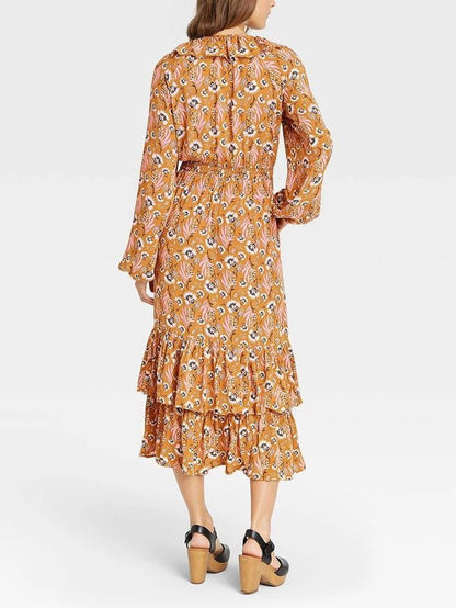 Women's Floral Print Balloon Ruffle Collar Hem Dress - LuckyFash™