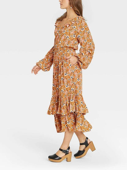 Women's Floral Print Balloon Ruffle Collar Hem Dress - LuckyFash™