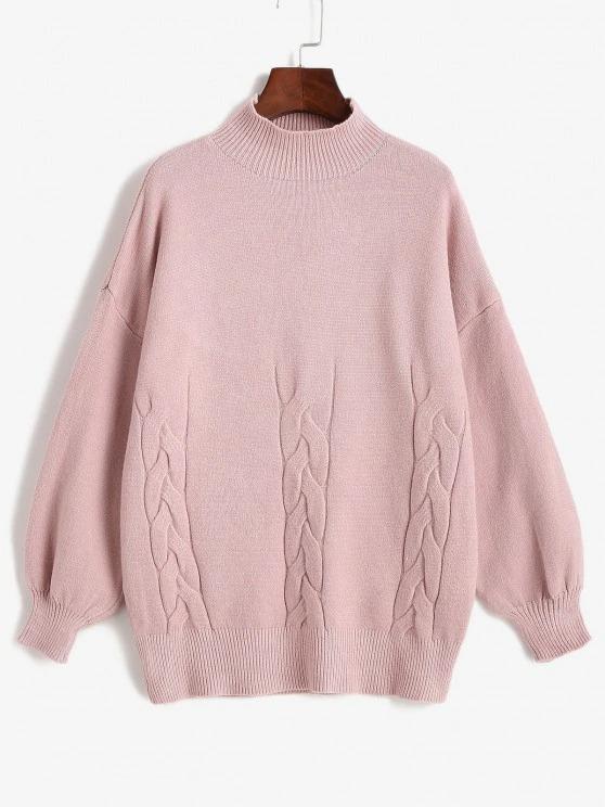 Women's High Neck Cable Knit Drop Shoulder Solid Sweater - LuckyFash™