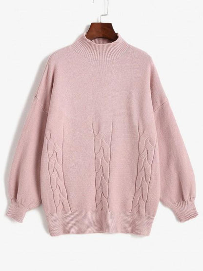 Women's High Neck Cable Knit Drop Shoulder Solid Sweater - LuckyFash™