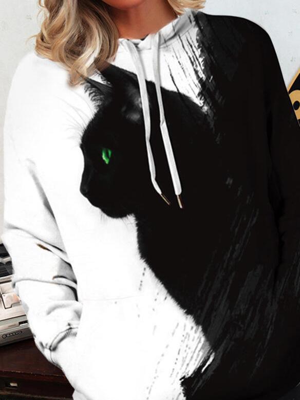 Women's Hoodies Black Cat Print Pocket Long Sleeve Hoodie - LuckyFash™