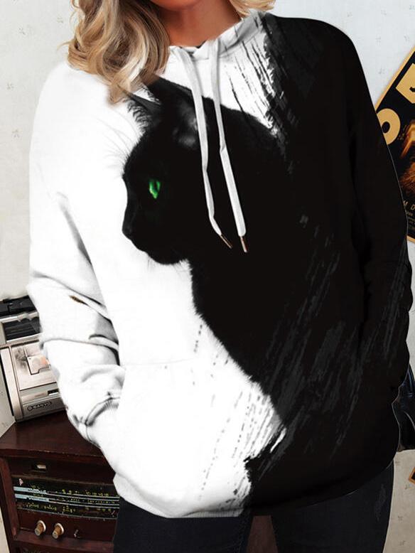 Women's Hoodies Black Cat Print Pocket Long Sleeve Hoodie - LuckyFash™
