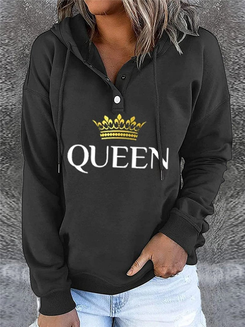 Women's Hoodies Buttons Letter Crown Print Drawstring Hoody - LuckyFash™