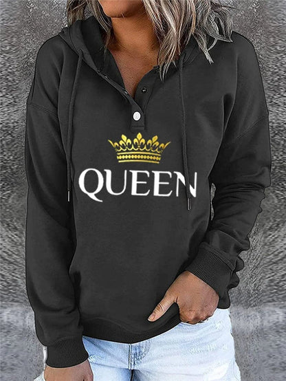 Women's Hoodies Buttons Letter Crown Print Drawstring Hoody - LuckyFash™
