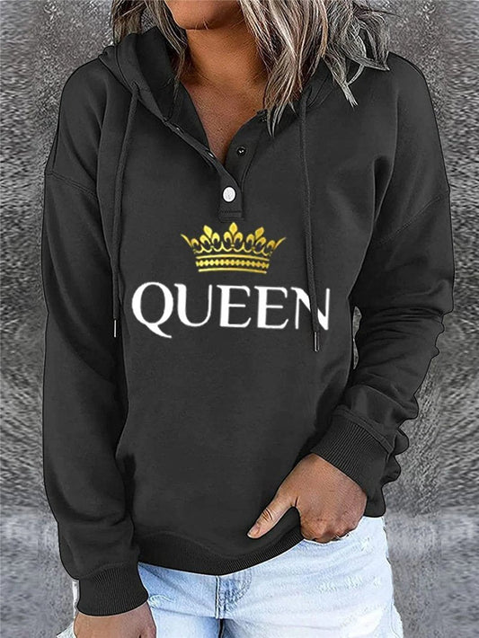Women's Hoodies Buttons Letter Crown Print Drawstring Hoody - LuckyFash™