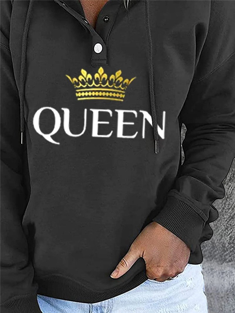 Women's Hoodies Buttons Letter Crown Print Drawstring Hoody - LuckyFash™