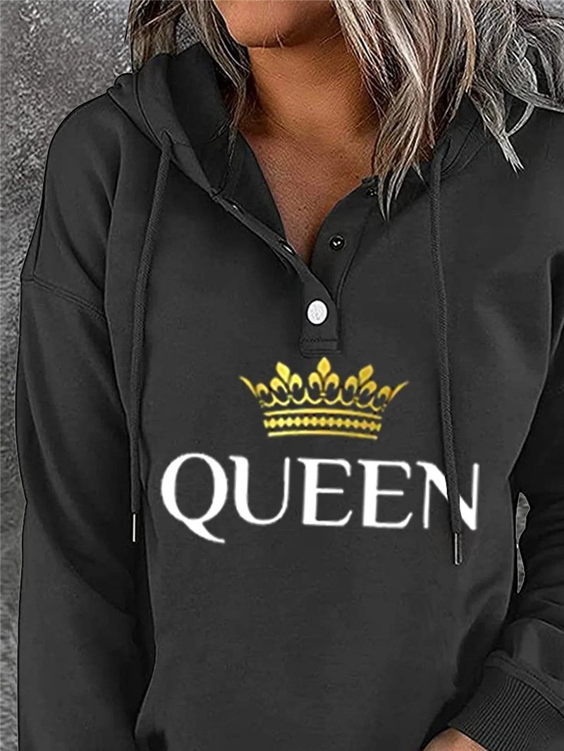 Women's Hoodies Buttons Letter Crown Print Drawstring Hoody - LuckyFash™