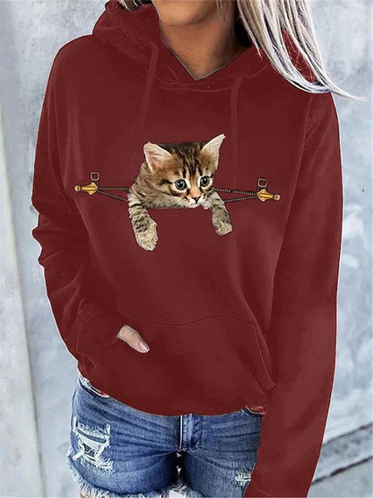 Women's Hoodies Cat Print Pocket Long Sleeve Hoodie - LuckyFash™