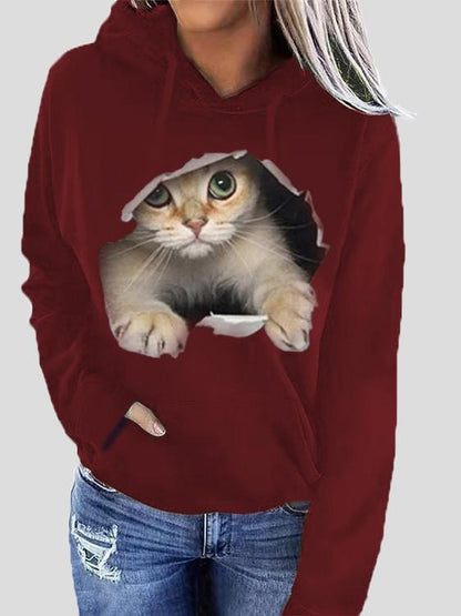Women's Hoodies Cat Print Pocket Long Sleeve Hoodie - LuckyFash™