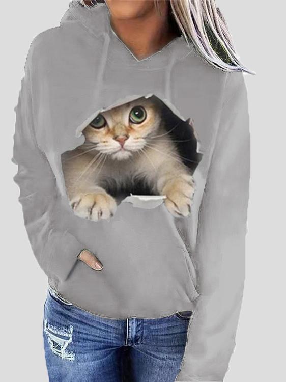 Women's Hoodies Cat Print Pocket Long Sleeve Hoodie - LuckyFash™
